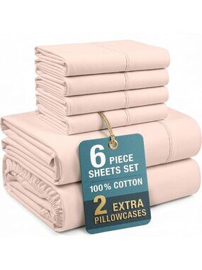 100% Cotton Full Size Sheet Set - 6 Piece Crisp Percale Cooling Sheets, 15" Deep